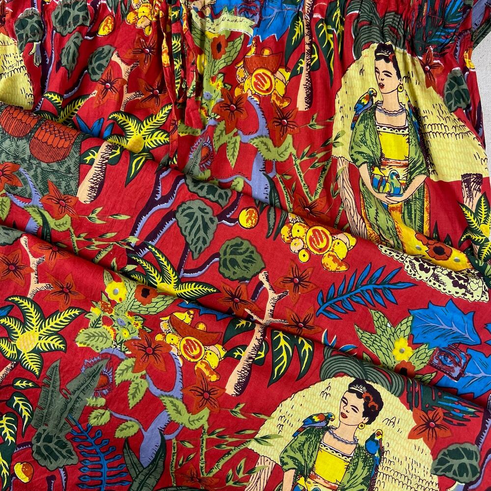 Frida Kahlo Print Kaftan Maxi Dress One Size Red Cotton Resort Caftan Cover Up - Picture 7 of 16